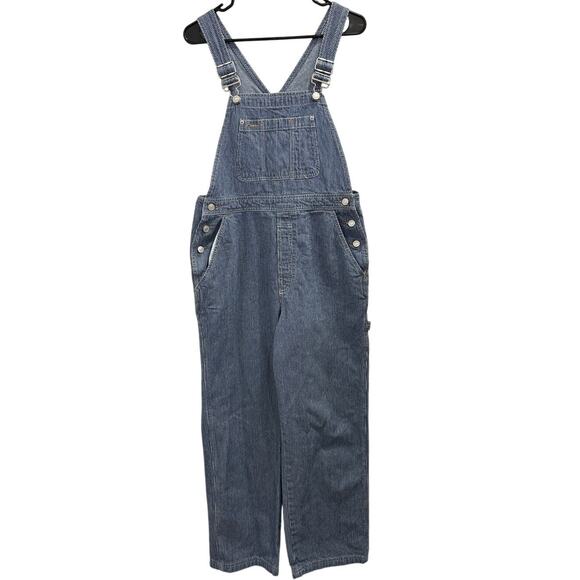 Gap VTG Y2K Blue White Hickory Stripe Denim Overalls Railroad Workwear Utility - Picture 2 of 15